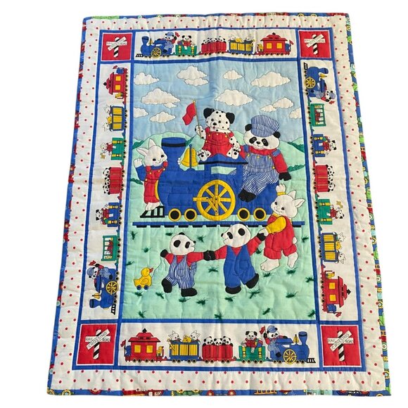 Vintage Handmade Train Baby Kids Quilt Panda Animal 3D Blue Red 31x41 - Picture 1 of 5